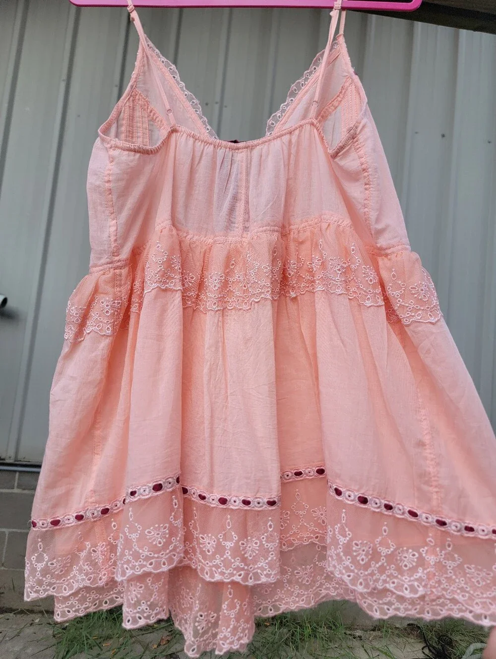 Free People Peach Pink Eyelet Cotton Romper with Maroon Tie NWT